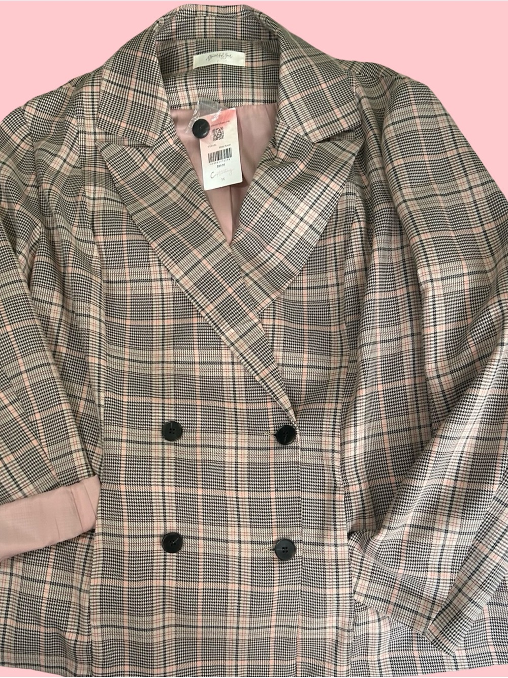 Plaid Double-Breasted Blazer Jacket in Pink and Gray.Boss Lady Blazer! Size 3X. - Picture 7 of 16